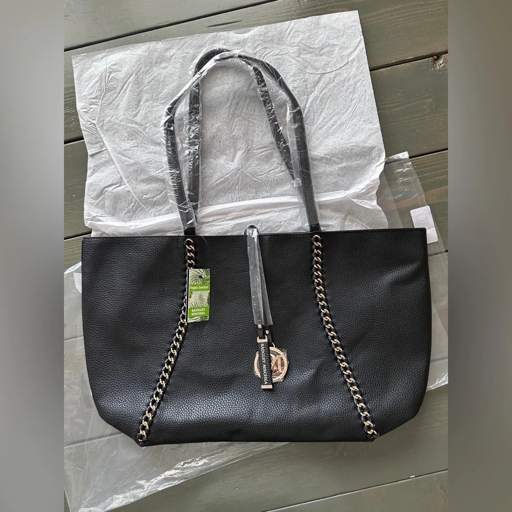 Badgley Mischka Black Tote with Chain Trim